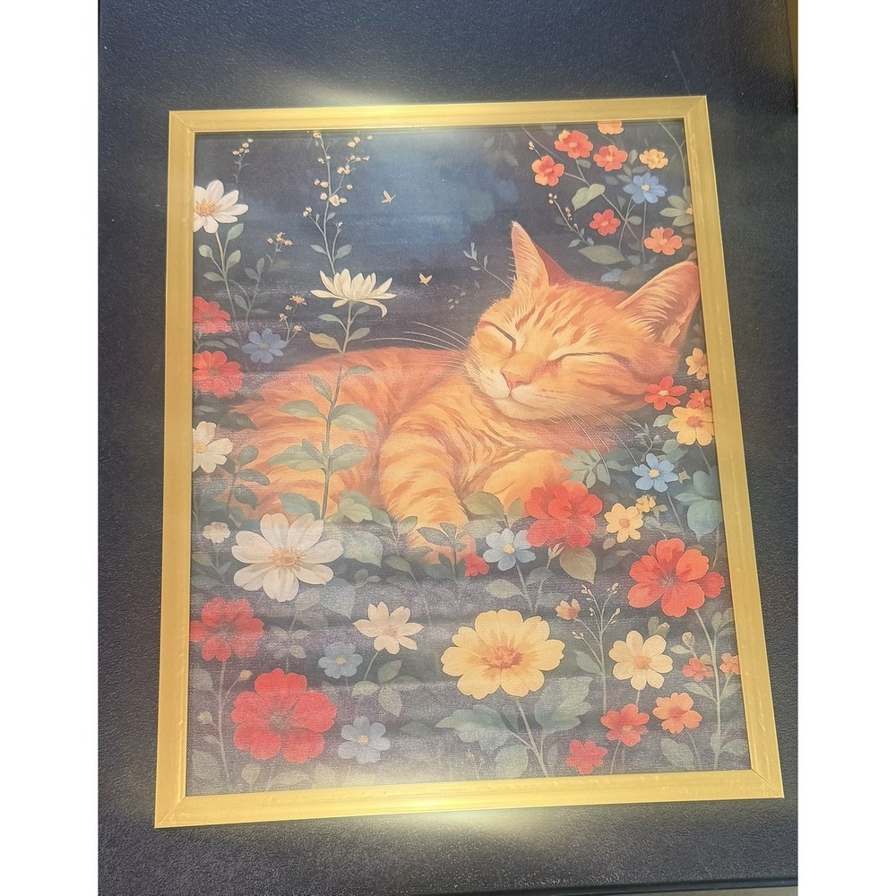 Orange Tabby Cat Sleeping In Flowers Wall Art Home Decor 12x16 Gold Frame